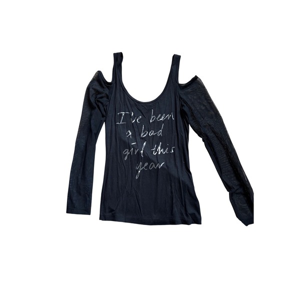 Bebe Cold Shoulder‎ Top Long Sleeve Rhinestone Graphic Small - Picture 2 of 4